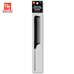 BEAUTY TOWN SHORT & LONG TEETH THICK TAIL COMB WITH STEEL - BLACK #09447